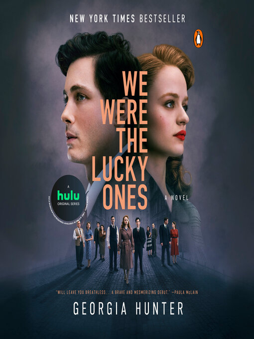 We Were the Lucky Ones by Georgia Hunter book cover man and woman dressed in 1940s clothing sit close together on two chairs facing away from the viewer